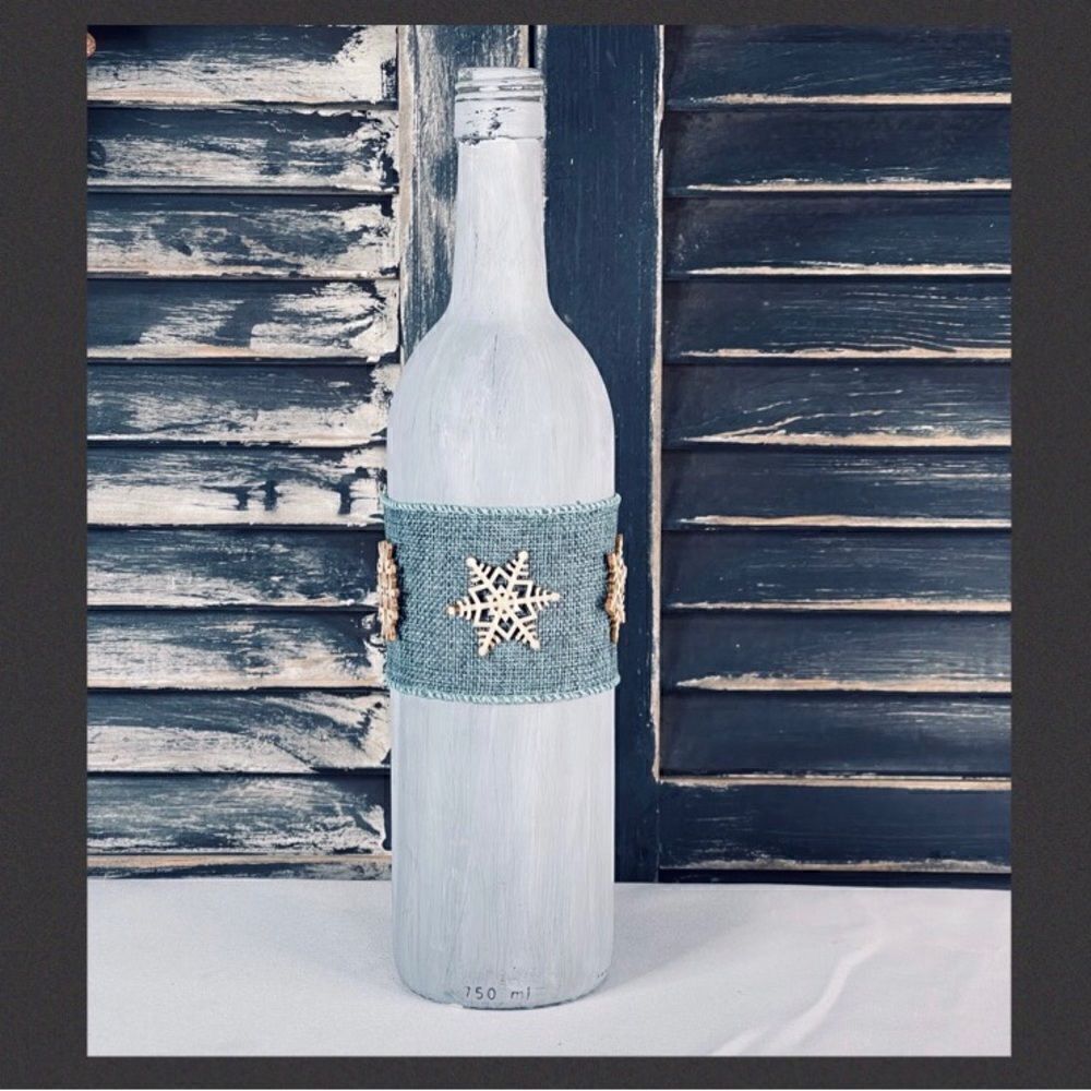 Hand-Painted Blue Wine Bottle with Burlap Ribbon & Wood Snowflakes
